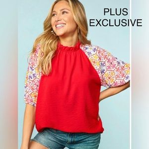 Ruffled neck color block floral puff sleeve top
